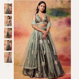 Lashkaraa Dusty Olive Embroidered Satin Lehenga